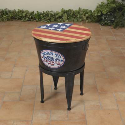 25.75-Inch Metal Americana Summer BBQ Cooler with Wood Lid – Patriotic Party Tub and Table Decor
