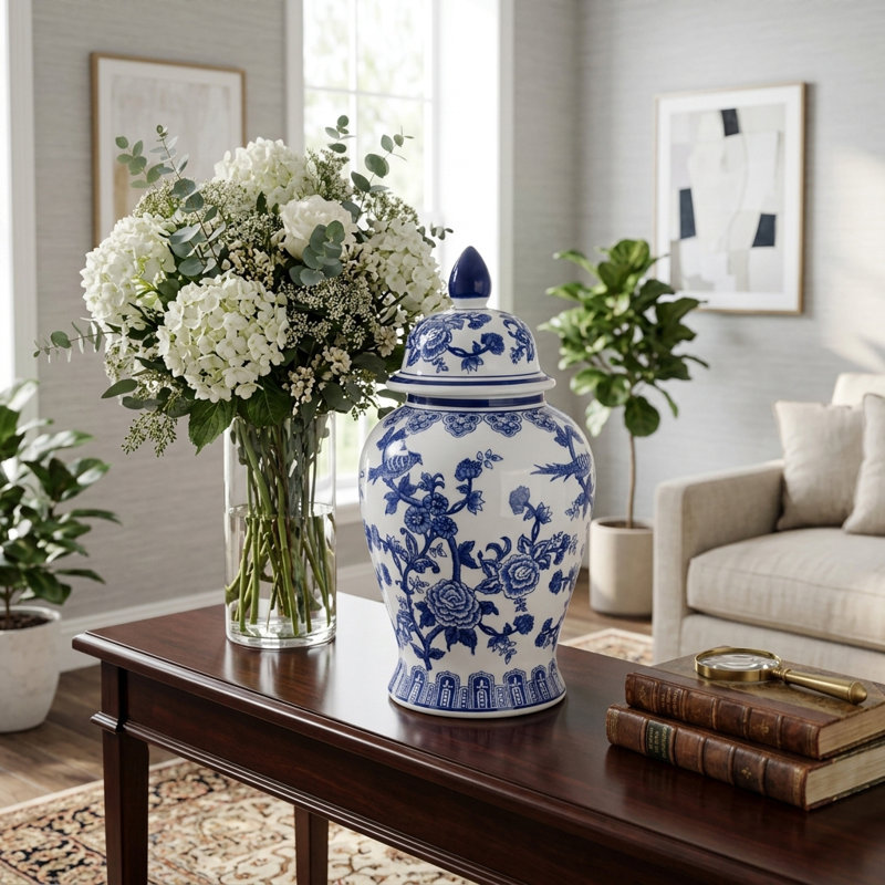 Ceramic Chinoiserie Ginger Jar with Lid, 18" H x 10" W x 10" D
