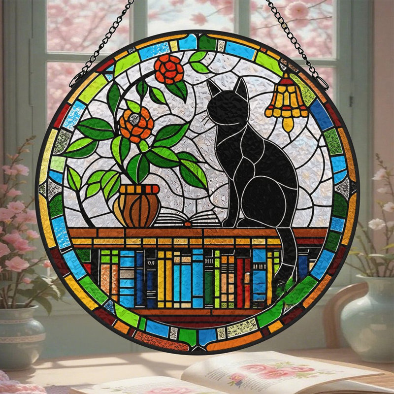 Vitrail chat noir vitrail pour fenêtre, 9,8 x 9,8 po (25 x 25 cm)