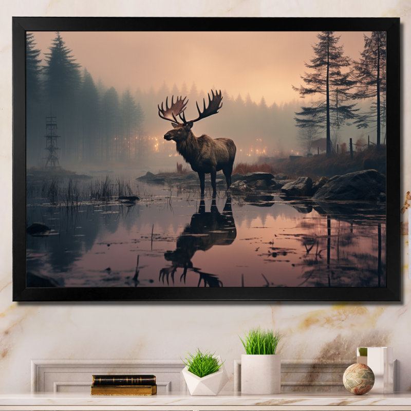 «Brown Peach Moose Misty Morning», reproduction sur toile, Cadre simple noir, H 34 po x l 44 po x P 1,5 po