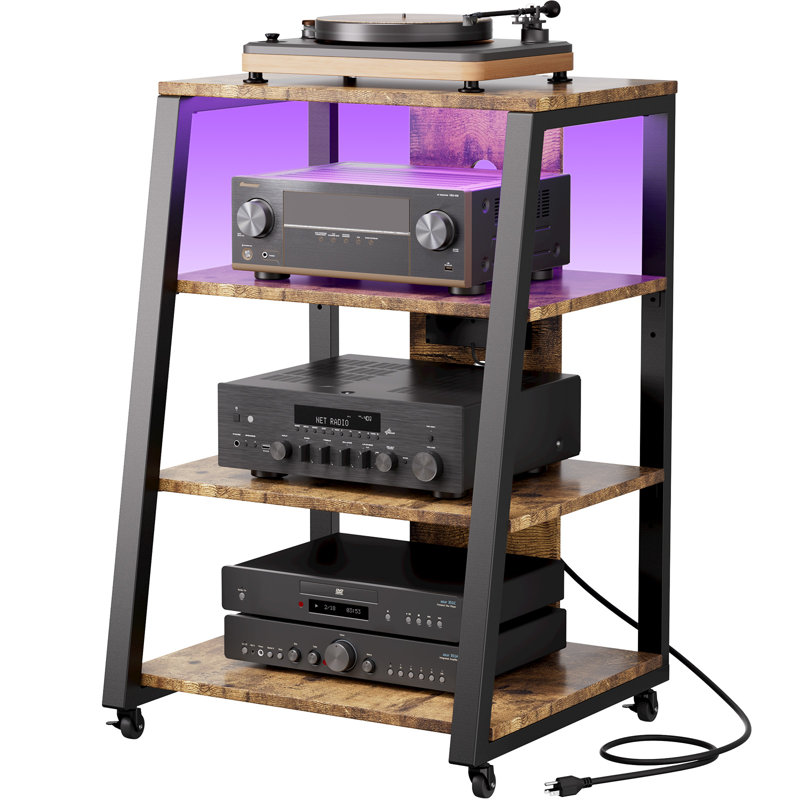 Meuble audio-vidéo à 4 niveaux avec prises de courant, supports stéréo avec lumières à DEL, roulettes et tablette de rangement réglable pour tourne-disque, console média roulante, meuble audio-vidéo, 35 po, noir