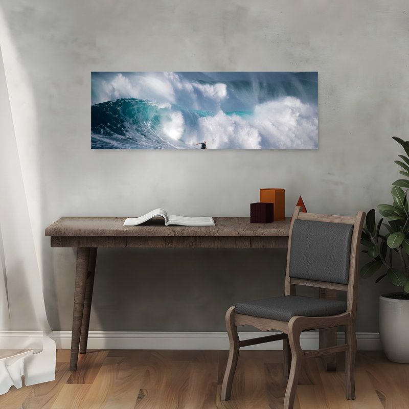 Big Wave Surfing Dramatic Contemporary Nature Ocean Wall Art, 12" H x 36" W
