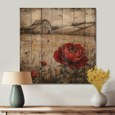 Pivoines rouges rétro par la grange III - décoration murale en bois de pivoines - sur bois de pin naturel