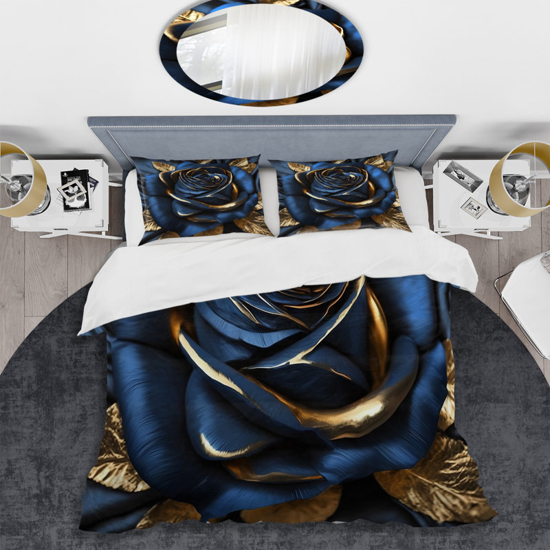 Ensemble de housse de couette Gilded Rose In Kings Blue I Bedding, Housse de couette simple + 1 taie décorative stan