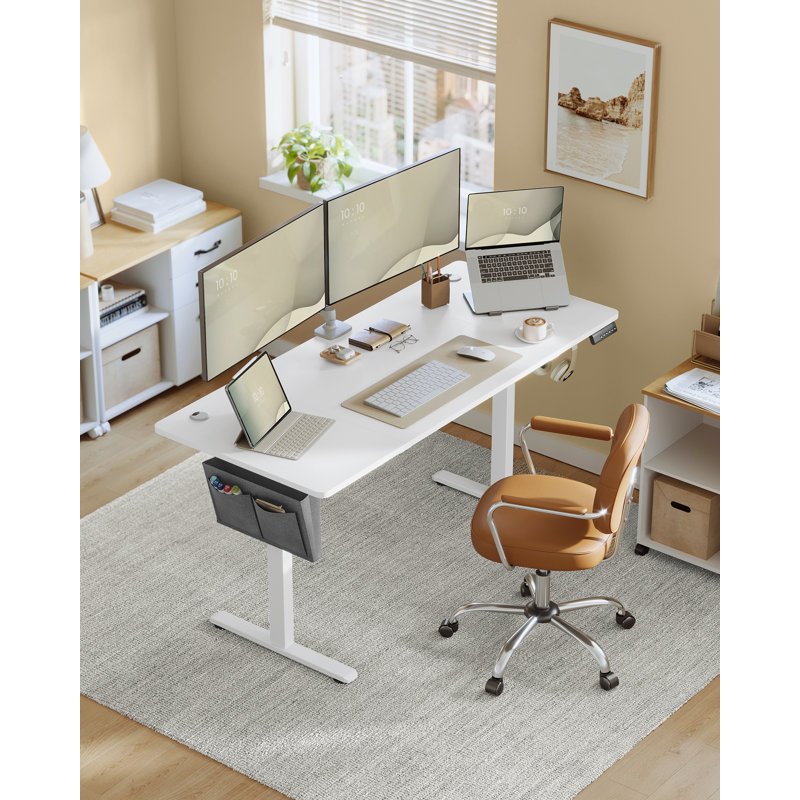 Ashala Adjustable Metal Base Standing Desk with Power Outlet, White/White, 120cm H x 160cm W x 60cm D