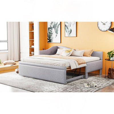 Twin Size Upholstered L-Shaped Upholstered Daybed With Pop Up Trundle, Gray