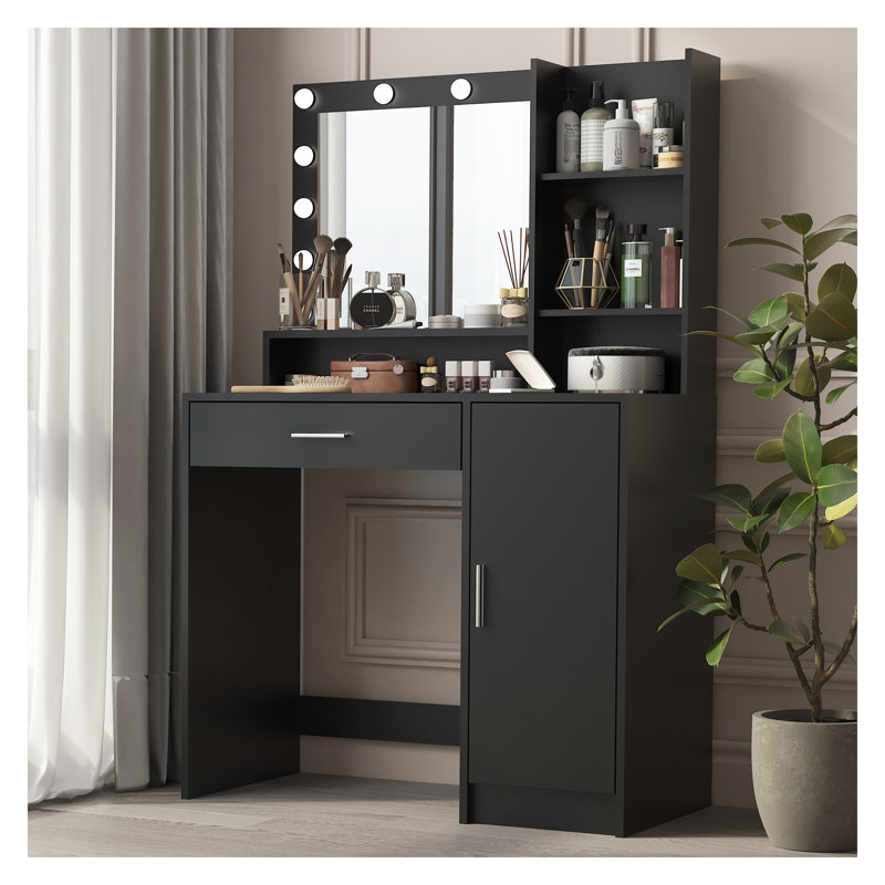 Meuble-lavabo noir avec miroir et lumières DEL - Coiffeuse avec grand tiroir et rangement à trois niveaux, station de maquillage à luminosité réglable pour la chambre à coucher