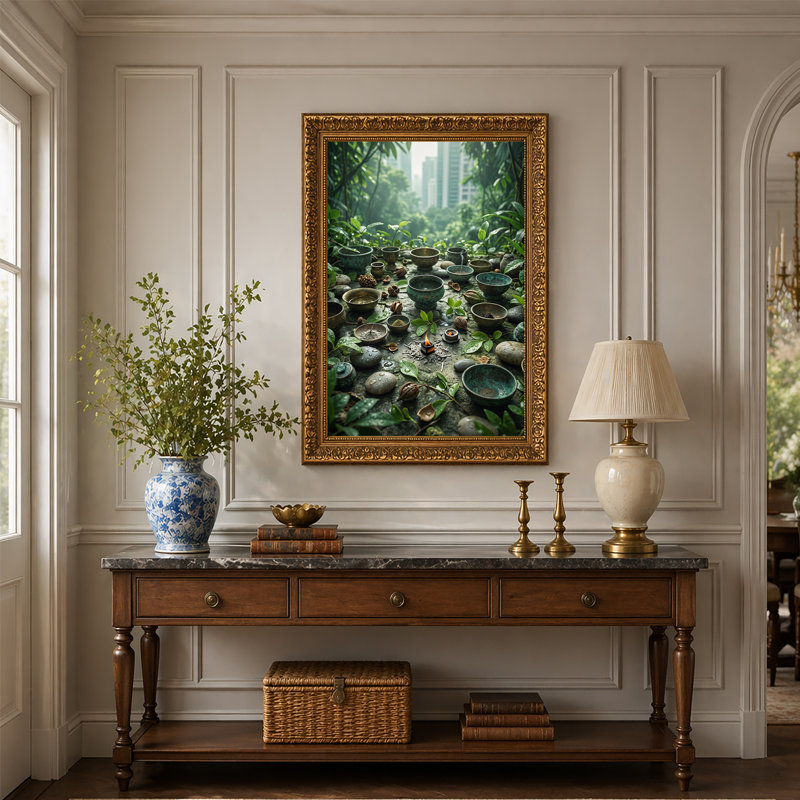 Art mural sur toile bronze avec bols et pierres dans la jungle urbaine, 36"H x 24"W