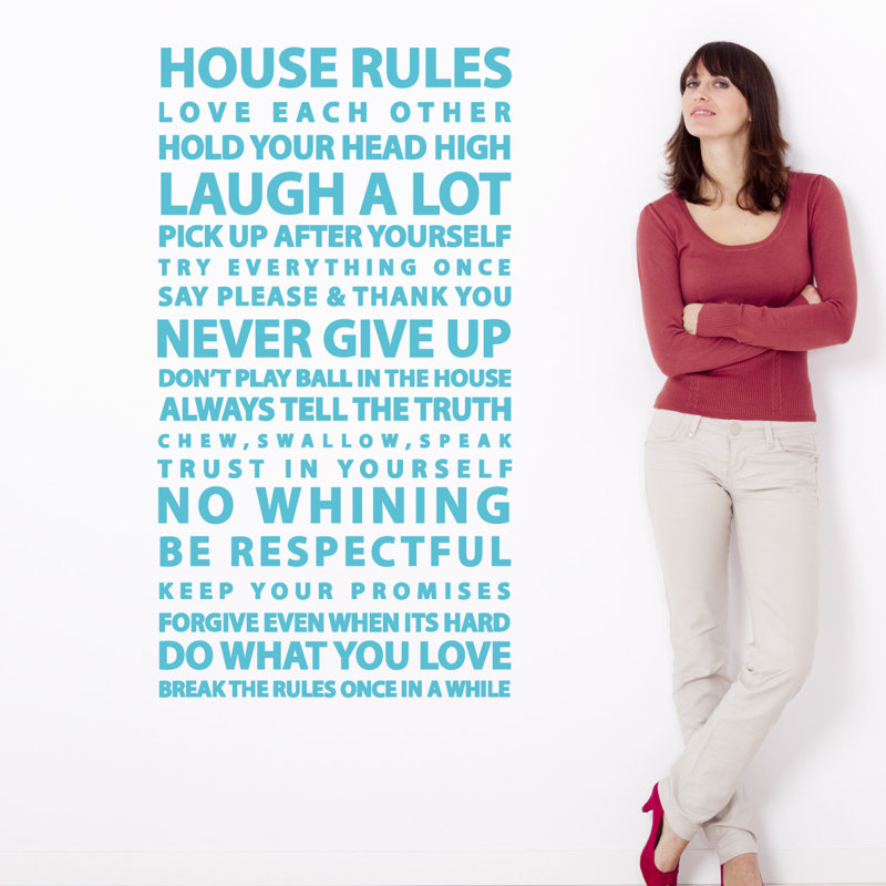 Décalcomanie murale citation "house rules", H 24 po x l 13 po x P 0,01 po, Bleu geyser