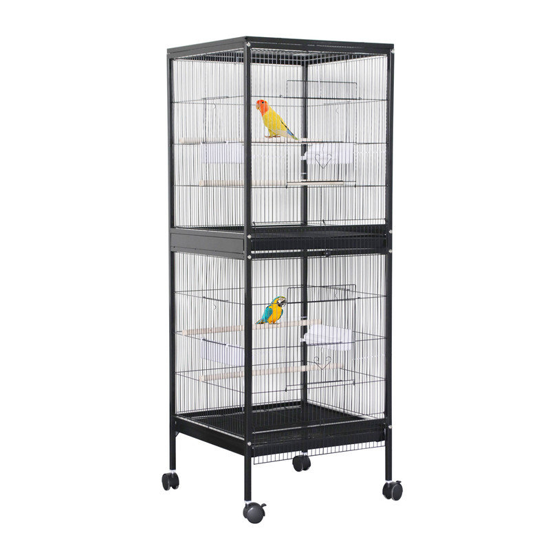 55" Large Parrot Bird Cage with Wooden Perches, Double Stackable Metal Cage with Pull Out Tray Standing Birdcage Bird Aviary Indoor with Multi Door Design for a Canary Finch