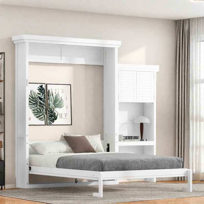 Lit escamotable avec tablettes de rangement et décoration à persiennes, Blanc