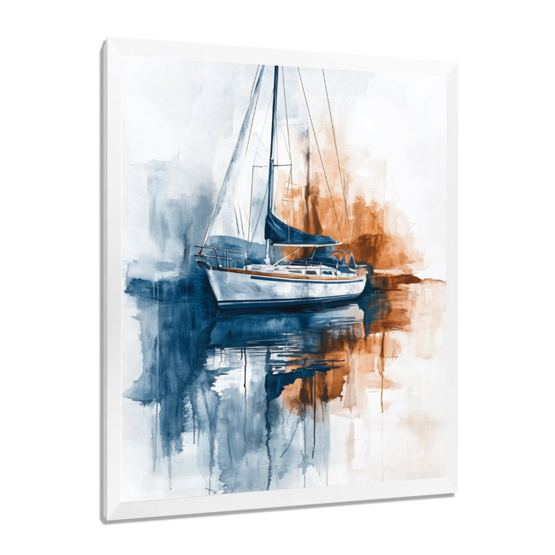 Reflet du port - Tableau encadré représentant un voilier, H 40 po x l 30 po, Cadre photo blanc