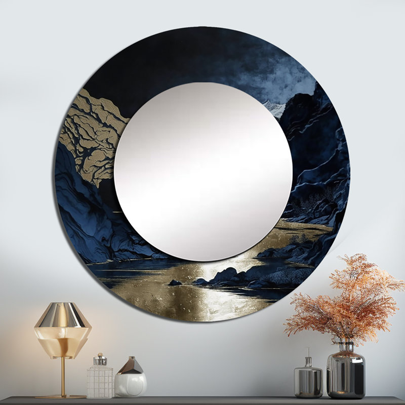 Somia doré givré rivière et montagne III - décor de miroir mural forêt unique montagnes, grand miroir rond bleu, art imprimé en métal