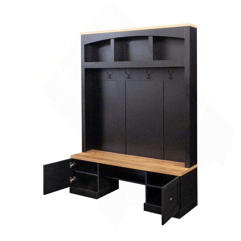 4-in-1 Hall Tree With Wood Grain Bench, Coat Rack, Bottom Cabinets And Adjustable Shelves, Black
