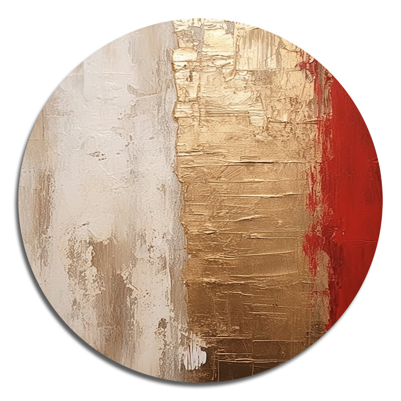 Pleine lune, rachat abstrait doré et rouge I - Art abstrait rond en métal, H 16 po x l 16 po 