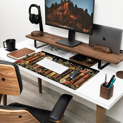  Tapis de souris en caoutchouc, surface en microfibre lisse, base antidérapante, tapis de souris décoratif à bord arrondi pour le bureau et les jeux, bibliothèque florale brune 17 po x 47 po