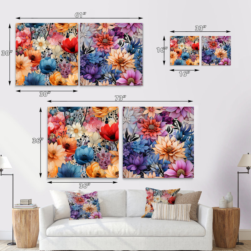 Multicolor Watercolor Fantasy Floral Pattern - Floral Acrylic Wall Art Glass Set Of 2, 36" H x 73" W