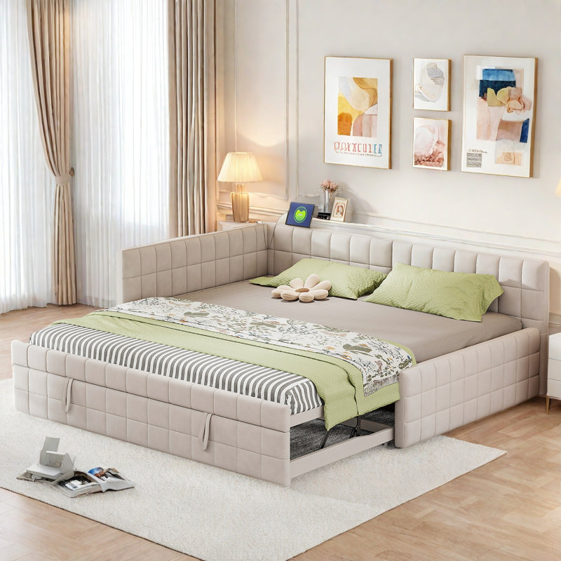 Upholstered L-shaped Daybed With Pop Up Trundle, Usb Ports And Square-block Pattern, Beige