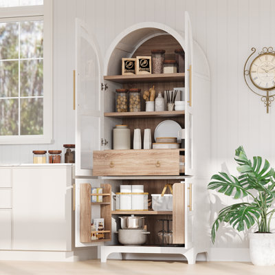 Tall Arched Kitchen Pantry Cabinet With Adjustable Shelves, Hidden Drawer And Glass Door