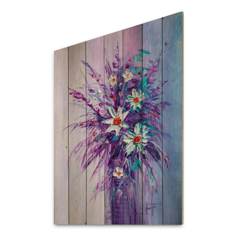 Vase de fleurs mauves et blanches - Peinture sur bois sans cadre, H 32 po x l 16 po x P 1 po