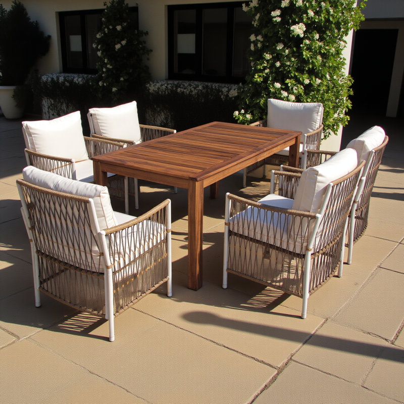 Ensemble de table de salle à manger 7 pièces en bois pour patio, table rectangulaire d'extérieur de 67 po avec 6 chaises en rotin pour piscine, cour, jardin, naturel