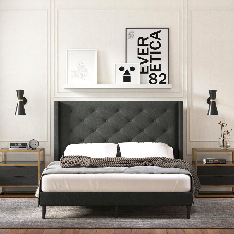 Amiliya Upholstered Wingback Bed, Gray, Queen
