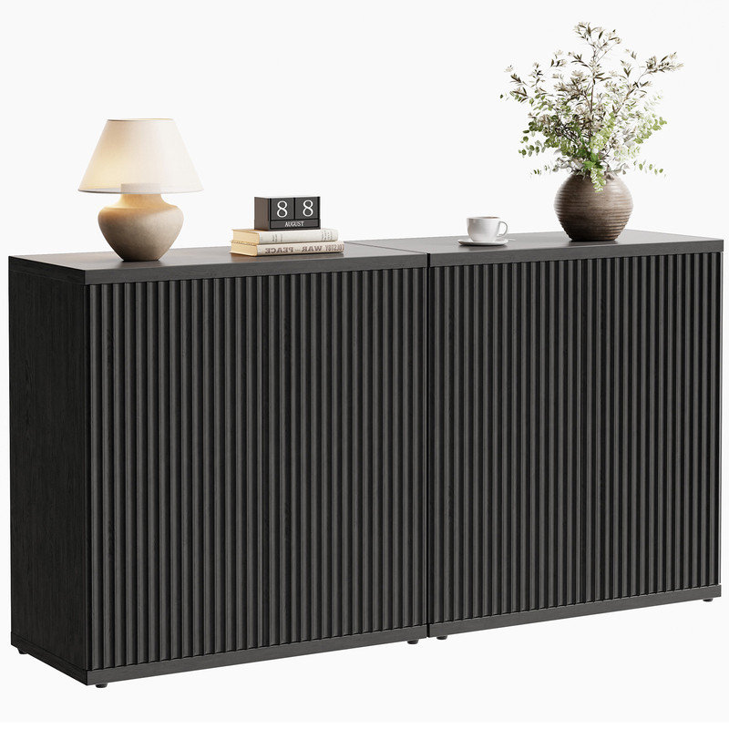 Buffet de 61,8 po de largeur avec portes cannelées et tablettes réglables (ensemble de 2), Noir