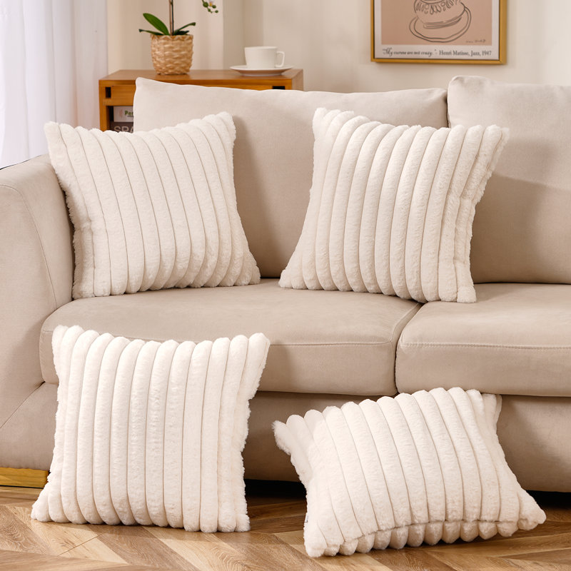 Housses de coussin décoratif décoratives en fausse fourrure de lapin blanche avec insertions, Blanc naturel