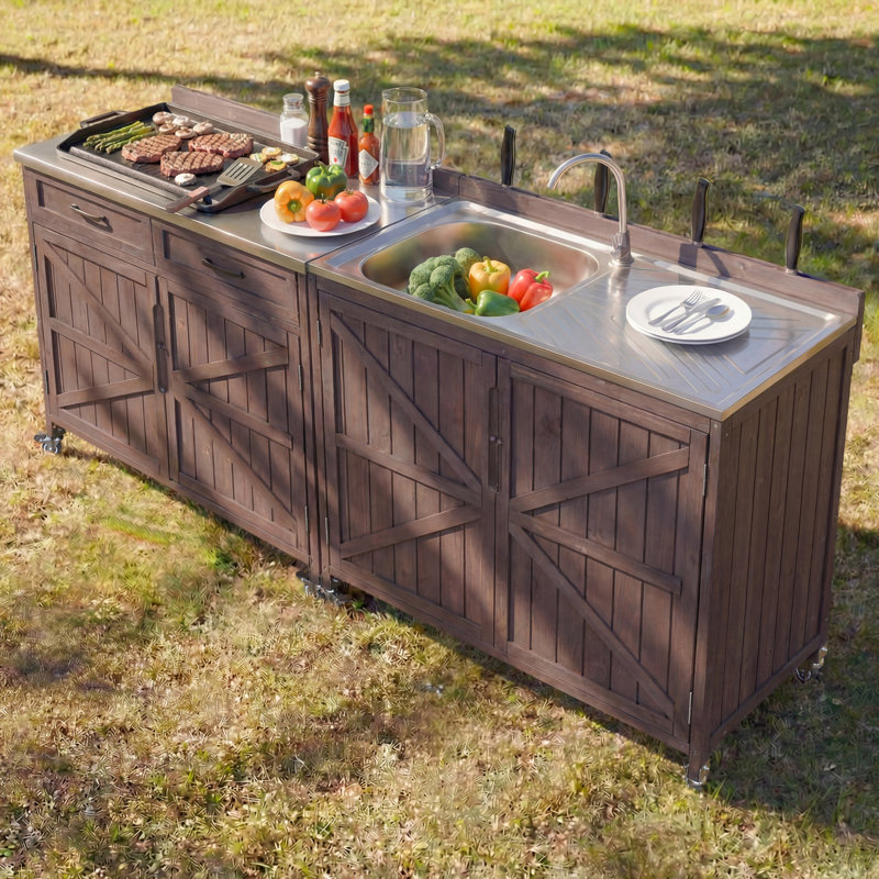 Outdoor Kitchen Island Series - 2 Piece Modular Solid Wood Set, 304 Sink Stainless Steel Station w/ Faucet, Drawer, 2 Door Shelves, Outdoor Storage Cabinet w/ Wheels for Backyard, Patio