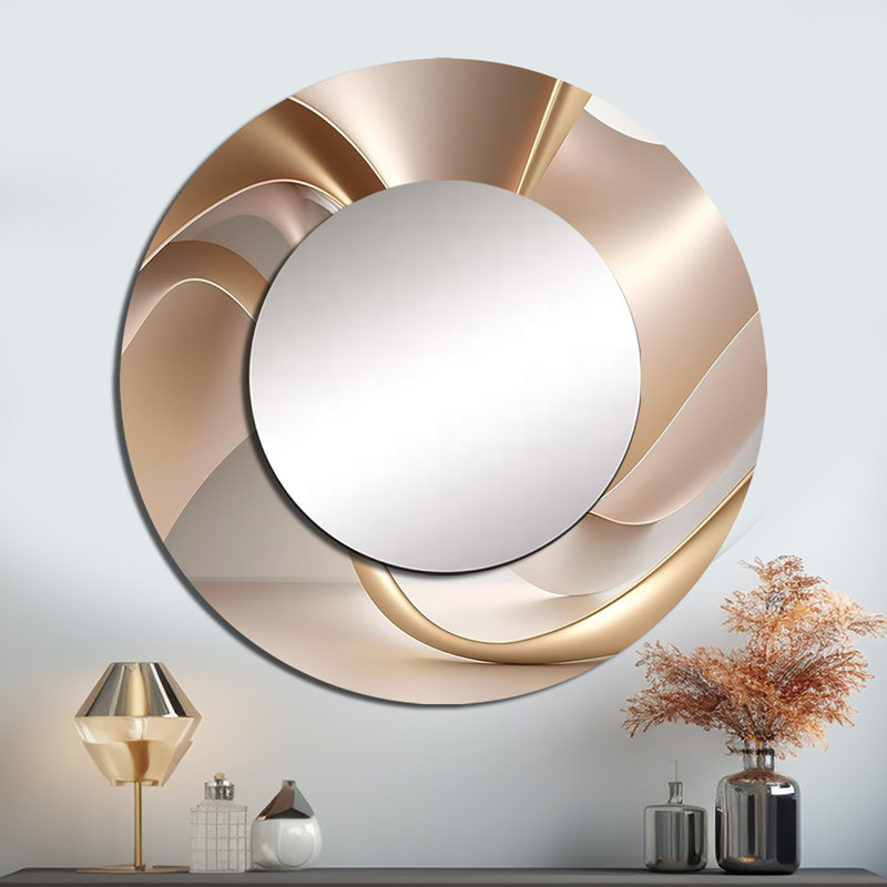 Luscious Liquid Gold In Subdued Pink And Taupe VIII - Liquid Ink Decorative Mirror, Modern Round Wall Mirror, Printed Metal Art