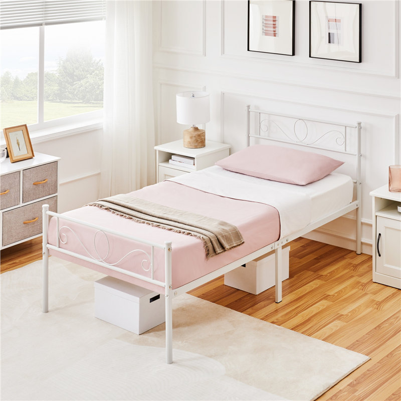 Metal Bed Frame with Headboard/Under-Bed Storage, White, Single (3')