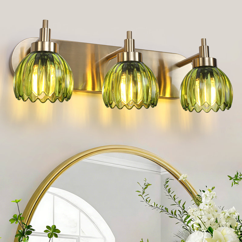 3-light Vintage Vanity Light With Tulip Green Glass Shades - Bathroom Armed Wall Sconce For Bedroom, Kitchen, Living Room & Washroom