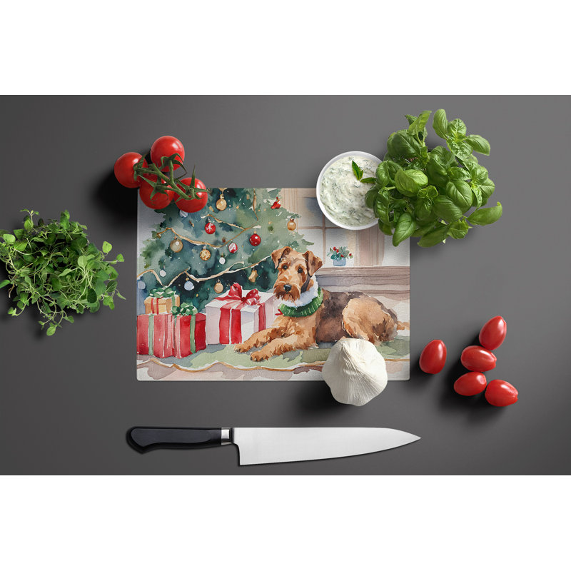 Airedale Terrier Cozy Christmas Glass Cutting Board Large