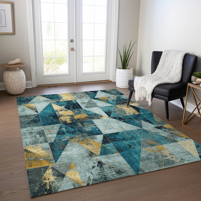Tapis bleu sarcelle lavable à la machine intérieur / extérieur Xhevrie, Rectangle 5 pi x 7 pi 6 po