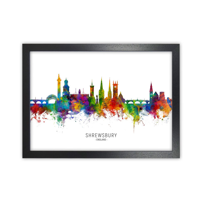 Shrewsbury England Skyline by Michael Tompsett - Print, 46cm H x 63cm W x 3cm D, Black Framed