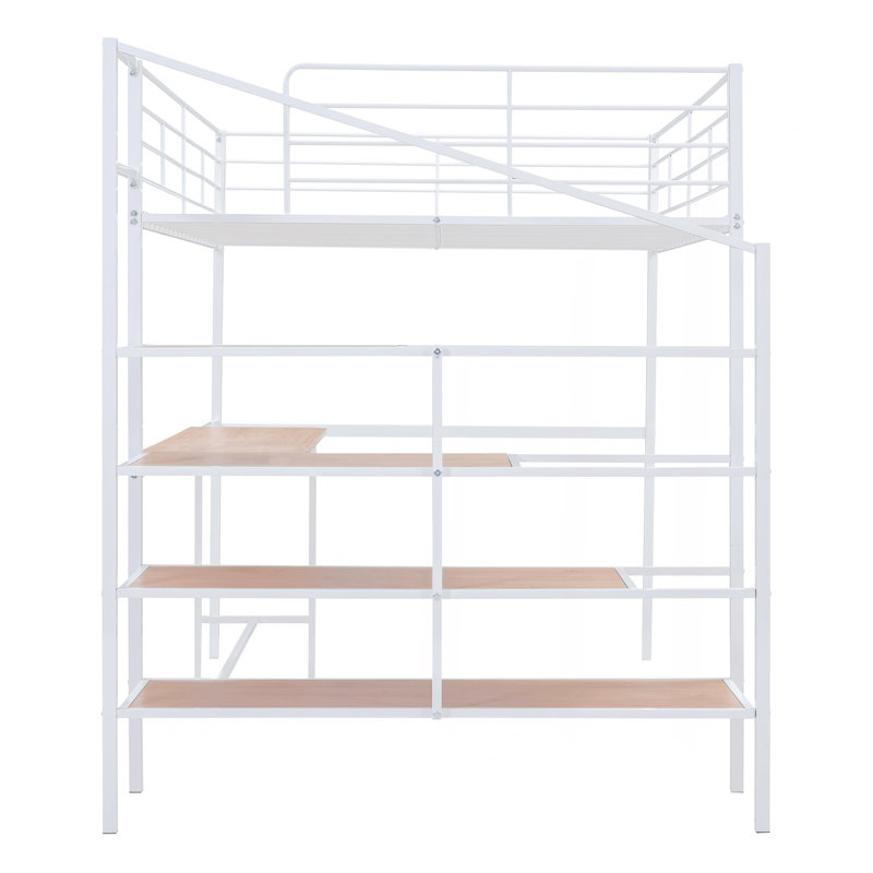 Full Size Metal Loft Bed With Desk And Lateral Storage Ladder, White