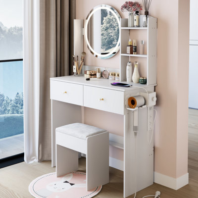 17" Round Led Mirror Vanity Table , Adjustable 3 - Color Brightness, Touch Switch, Built In 2 Ac + 1 Type C Sockets, Big Mirror, High Capacity Storage, American Style, White Dressing Station With