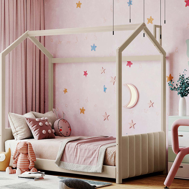 Lit simple en bois et velours, beige, Beige, Lit simple