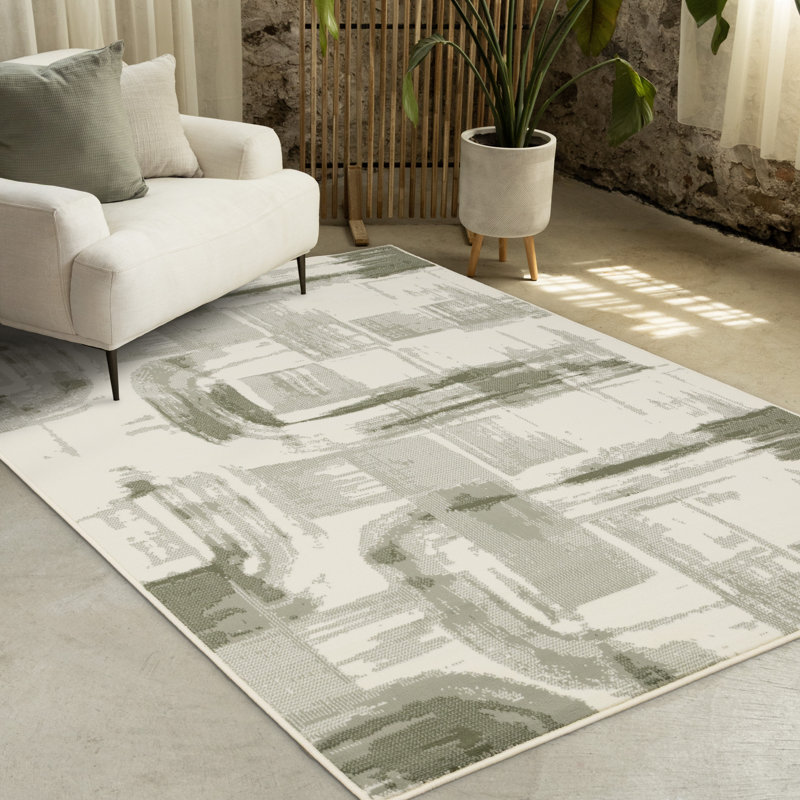 Manzelli Modern Abstract Green Cream Area Rug, Rectangle 6'7" x 9'6"