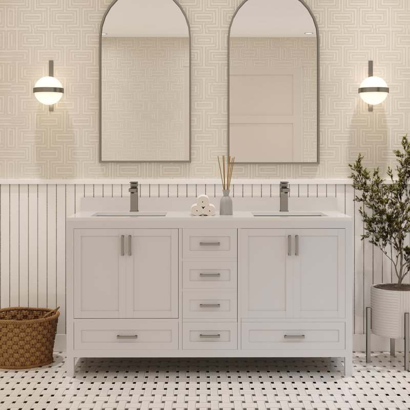 Meuble-lavabo double autoportant 60 po avec plateau en quartz blanc Maya, Blanc