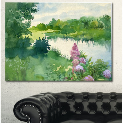 «Green Riverside Land Watercolor», reproduction de photo sur toile tendue