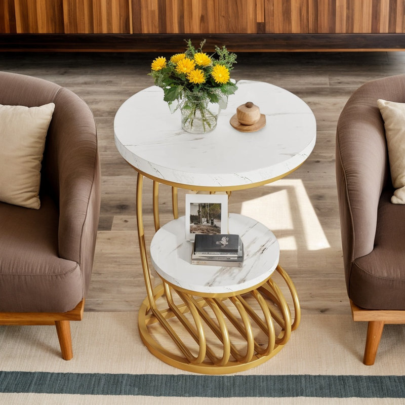 Table de bout ronde avec tablette de rangement à 2 niveaux, table d'appoint moderne pour le salon et la chambre à coucher