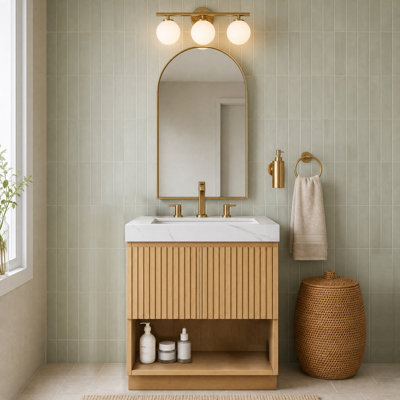 Meuble-lavabo autoportant de 76 cm (30 po) avec lavabo, armoire en chêne Corolla, comptoir en pierre frittée blanche Carrara, lavabo en céramique avec 3 trous prépercés pour robinetterie, démonté, robinetterie et bonde non inclus