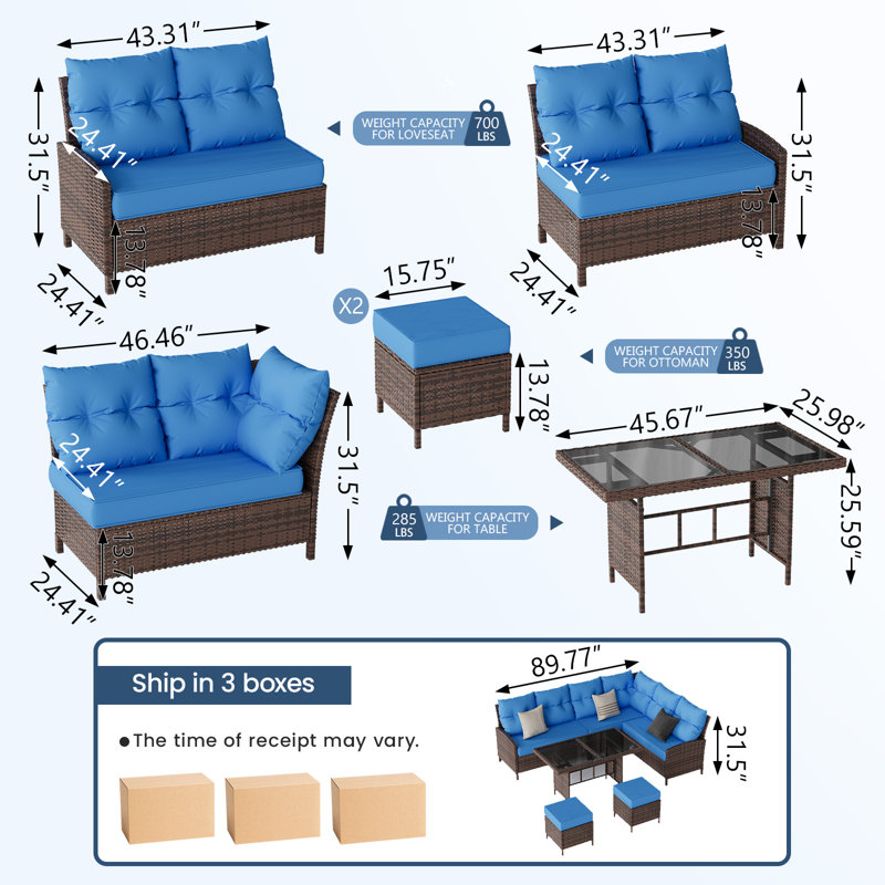 6-Piece Outdoor Wicker Patio Sofa Set With Dining Table, Blue, Brown