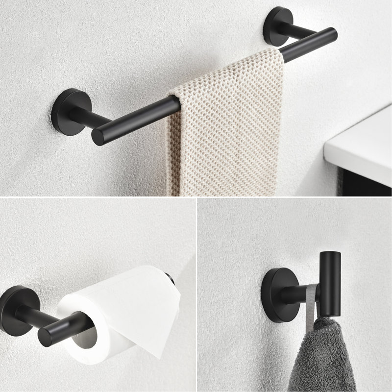 3 Sus304 Stainless Steel Bathroom Hardware - Matte Black. Incorporates Towel Bar, Toilet Paper Holder, Robe Hook. Rustproof, , Scratch-. Modern Appearance. Easy Installation. Mounting Supplied In