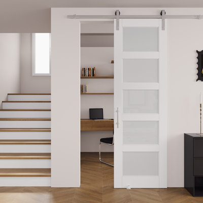 96"H x 36"W | 5-Lite Frosted Glass White Sliding Barn Door with Nickel-Plated Installation Hardware Kit (No Assembly Required)