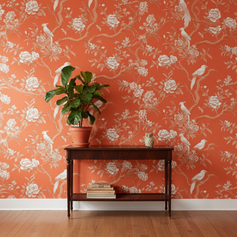 Papier peint floral avec oiseaux orange
