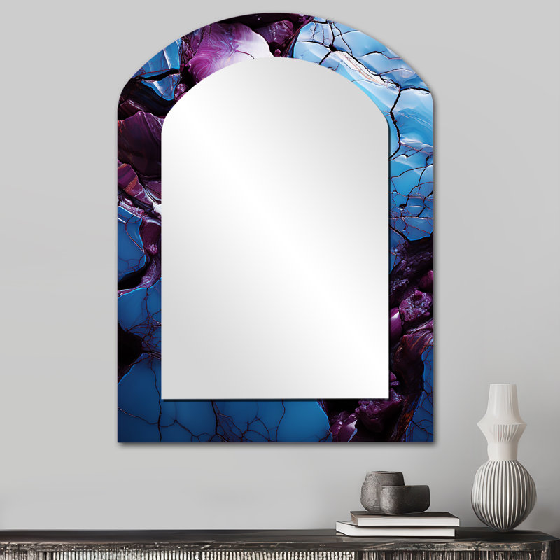 Miroir décoratif asymétrique bleu et mauve sans soudure en forme de rivière I - formes, grand miroir mural moderne, impression sur métal