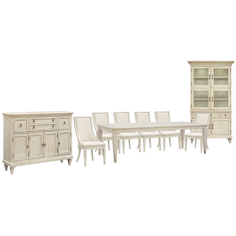 Extendable Rectangular Dining Table With 6 Arm Chairs Buffet And Dining Cabinet, 9 Pcs: Table, 6 Chairs, Buffet, Cabinet