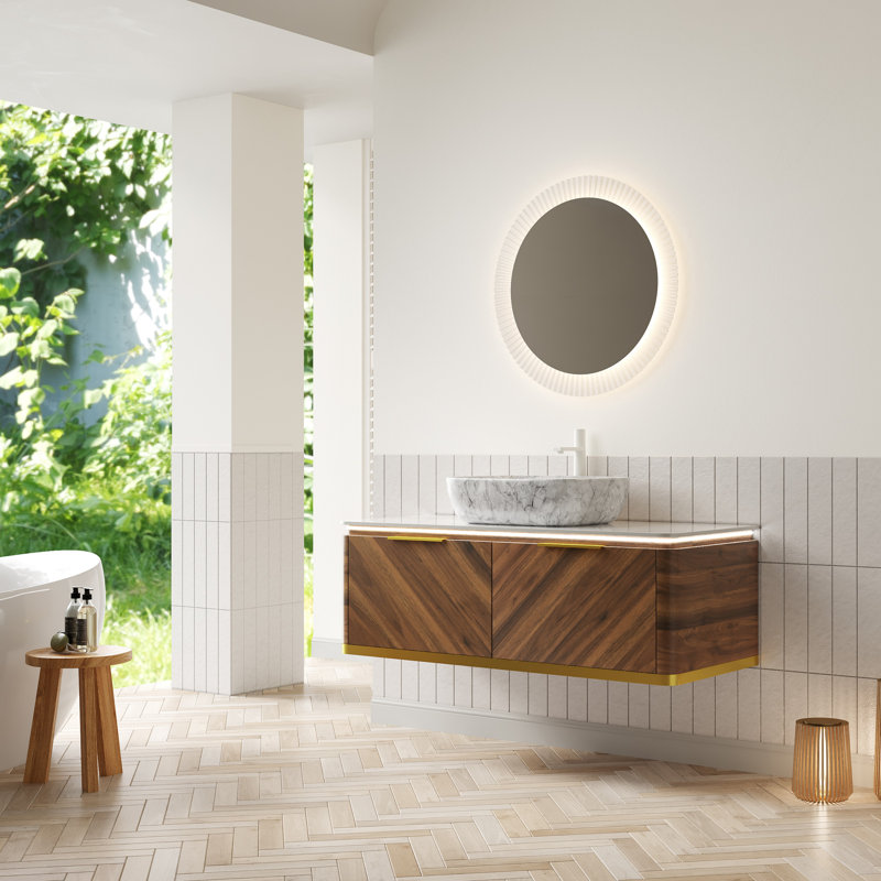 Meuble-lavabo flottant de 48 po avec lavabo vasque et plateau en pierre frittée, armoire en contreplaqué, garniture dorée, capteur à DEL, pré-assemblé, tiroir double